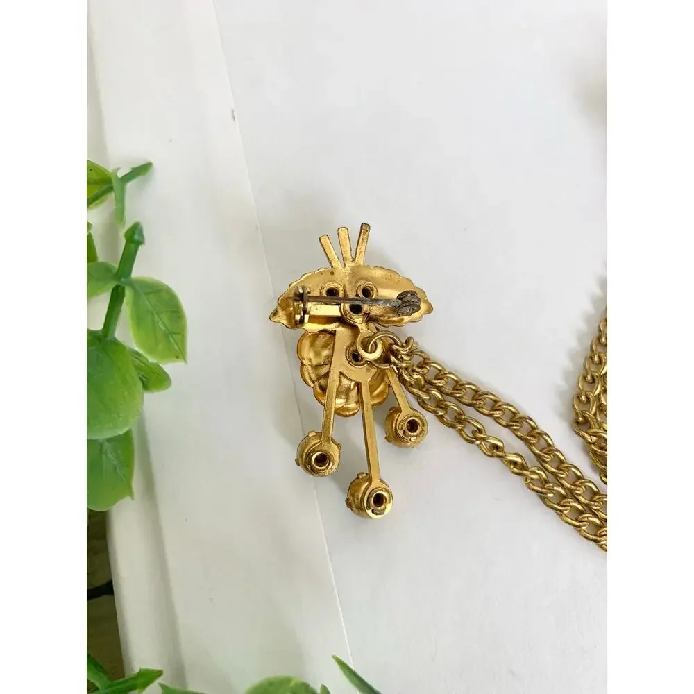 Vintage 1950s Sweater Clip Double Brooch Teal Rhinestone Gold Tone Chain Elegant